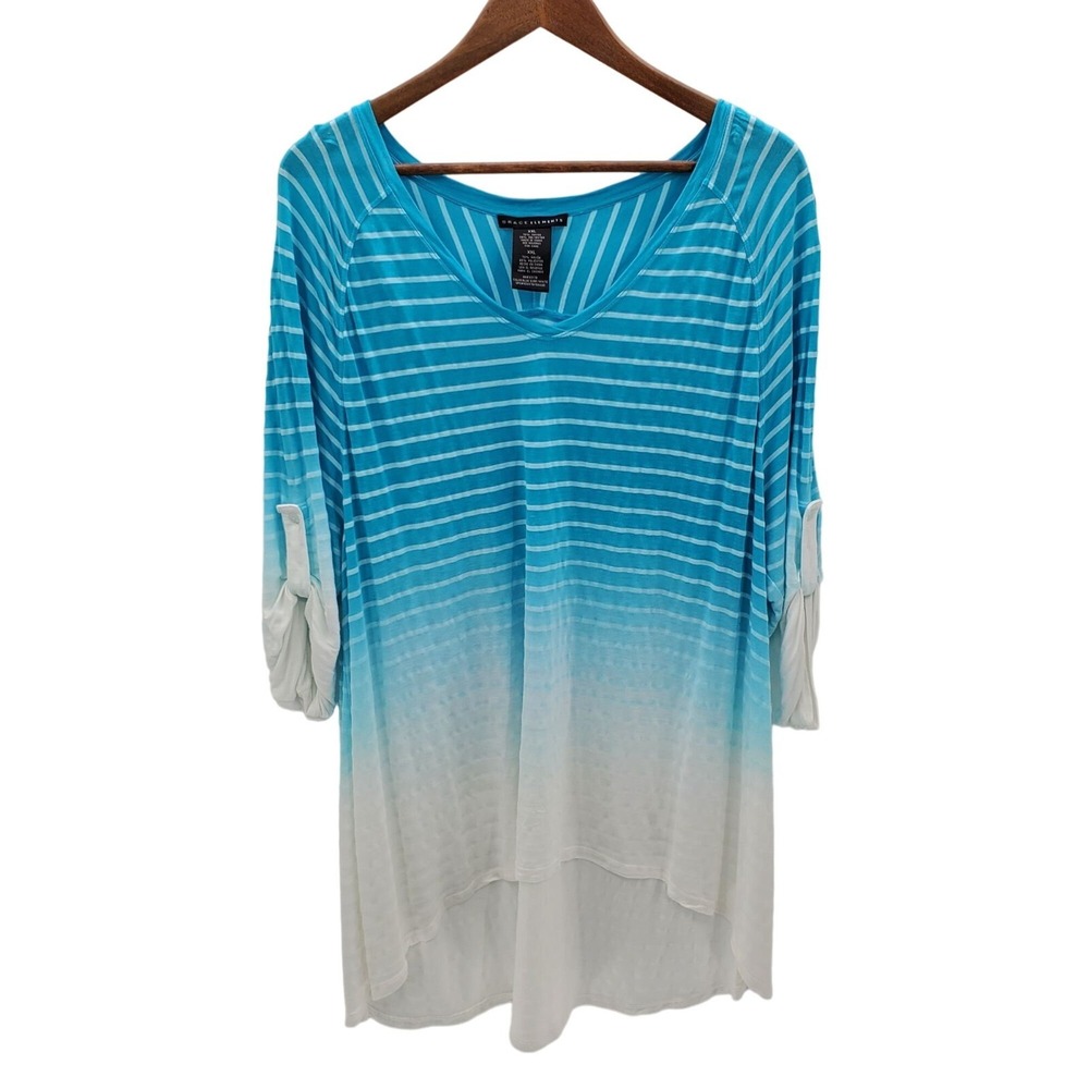 Grace Elements Blue Ombre Striped Tunic Top Roll Tab Sleeve V Neck‎ XXL